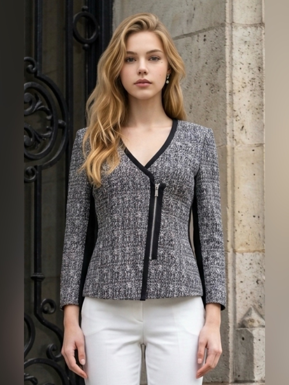 DKNYC Gray Tweed Zip-Front Blazer with Black Trim